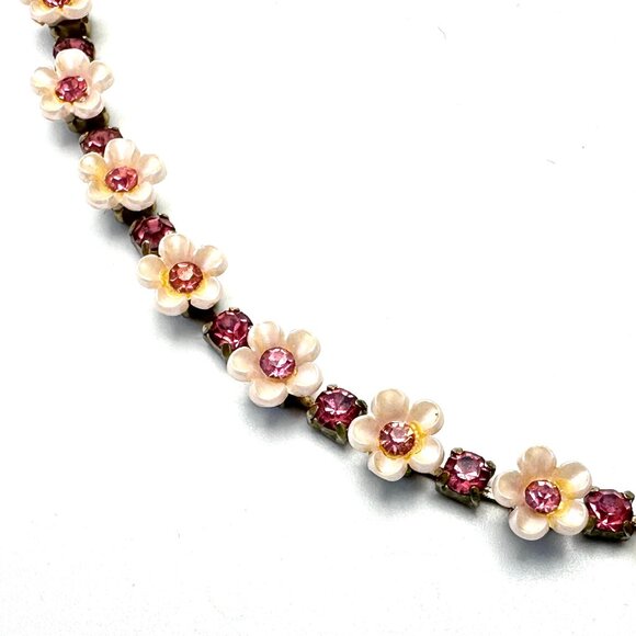 Vintage 1950s Pink Thermoset Flower and Rose Rhinestone Choker — 15 1/2" — EUC - Picture 2 of 7